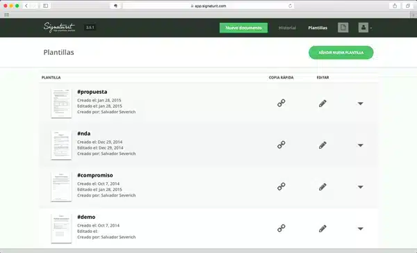 Panel de plantillas de Signaturit para crear documentos.