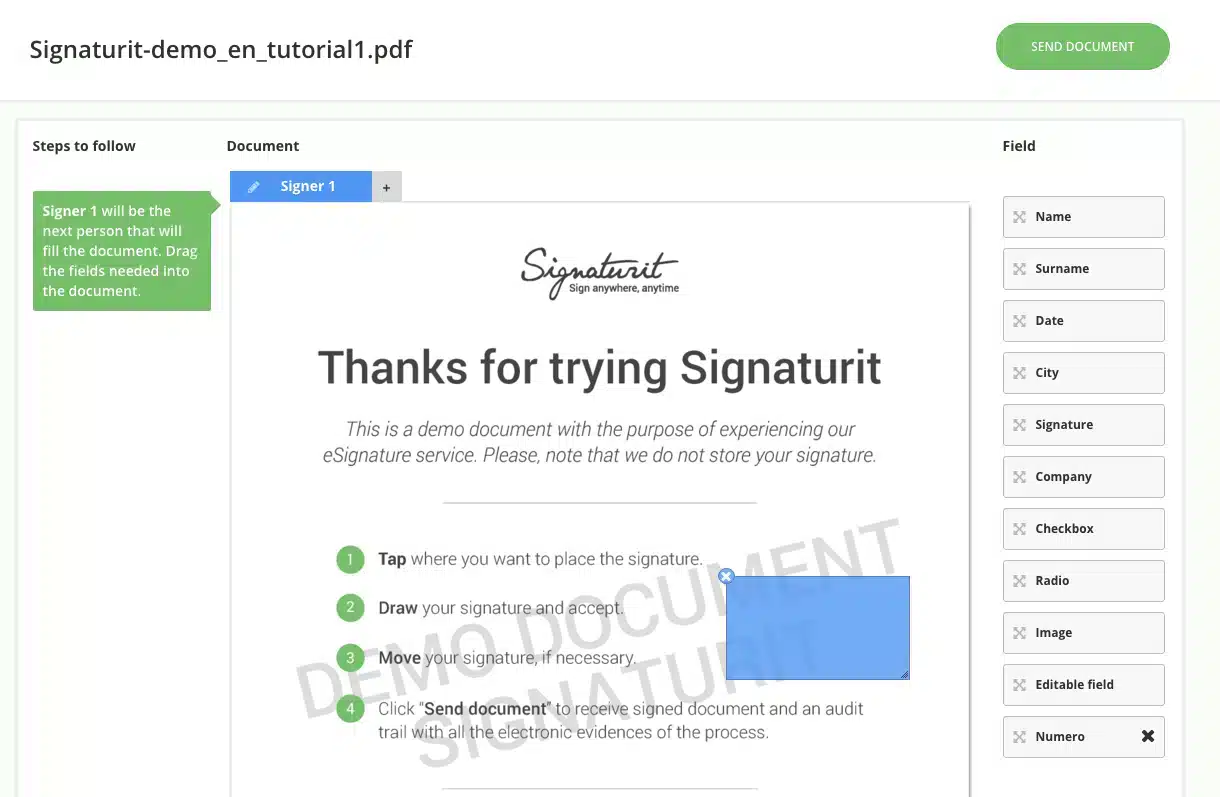 Sending a document for eSignature using Signaturit dashboard.